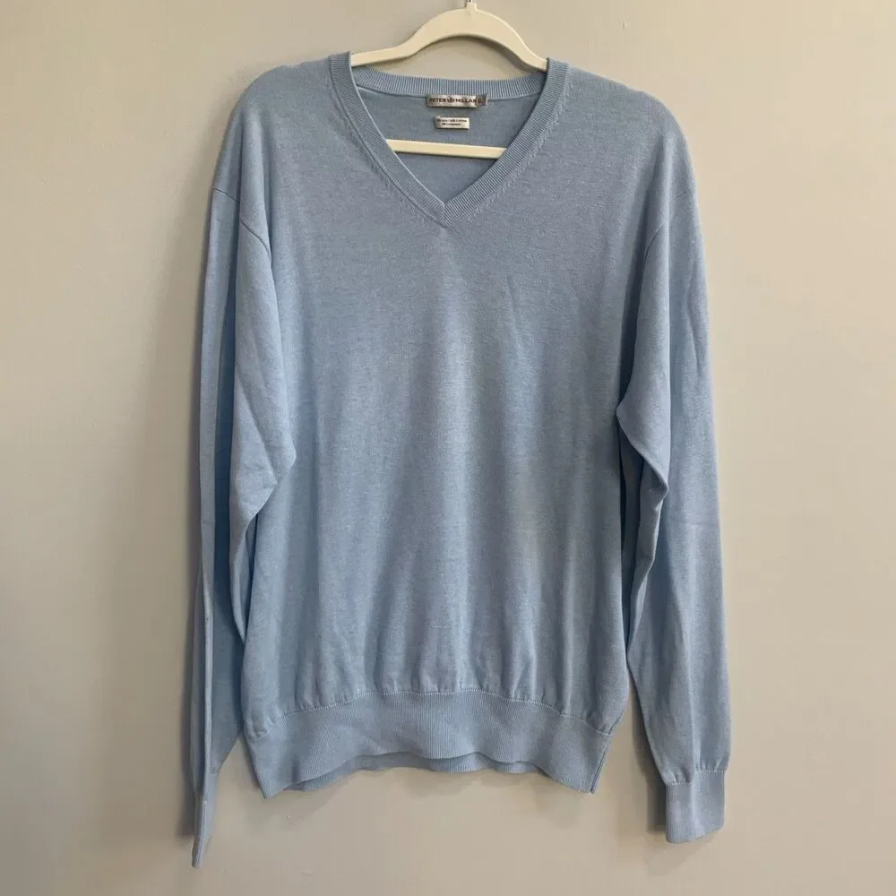 Peter Millar Silk Cashmere V-Neck Sweater Mens XL Blue Pull Over Preppy Office